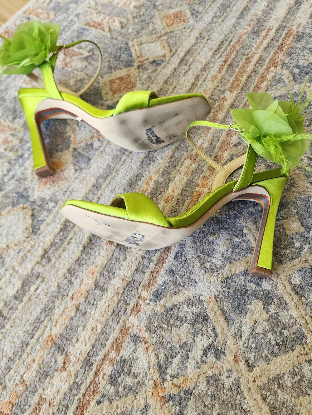 Leana Sandal-Sam Edelman Lime Green Satin Floral  Ankle-Strap Heels - Picture 6 of 7